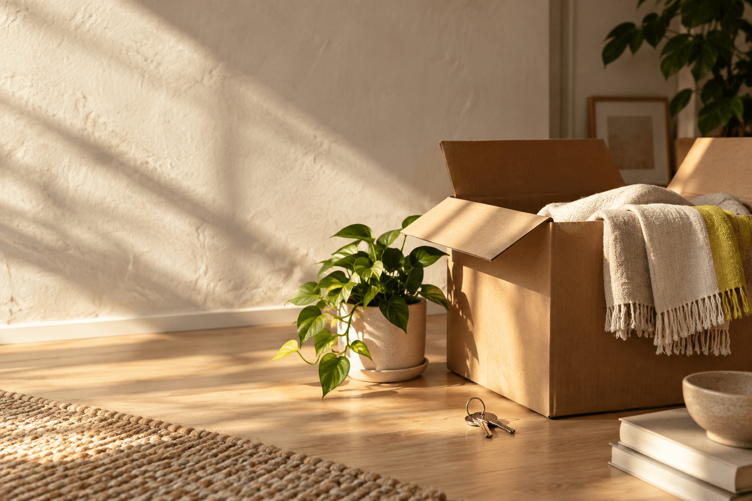 Moving boxes, keys and a plant in a sunlit new home